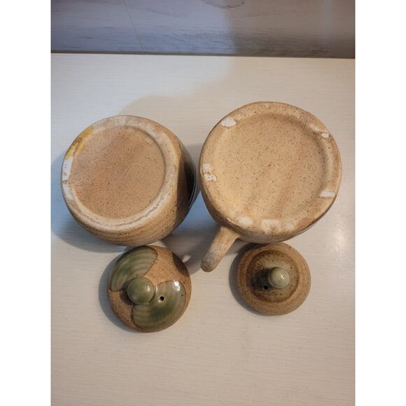Vintage Pottery Sugar & Creamer Server Set Brown Glaze w/ Green Drip - Picture 6 of 8